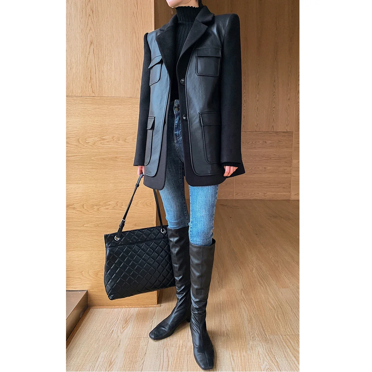 Black Wool Coat New Autumn Winter 2024 Fashion Patchwork PU Leather Thick Suit Blazer Lady Jackets Outerwear High Quality