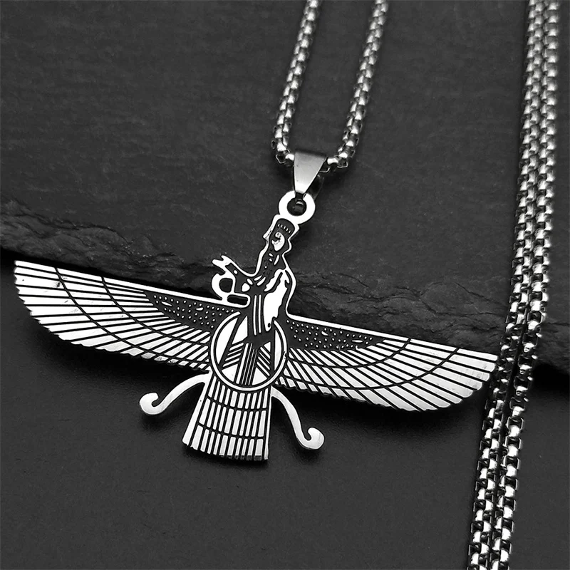 Faravahar Iranian Persian Mazda Pendant Necklace for Men Women Stainless Steel Gold Color Zoroastrianism Amulet Chain Jewelry