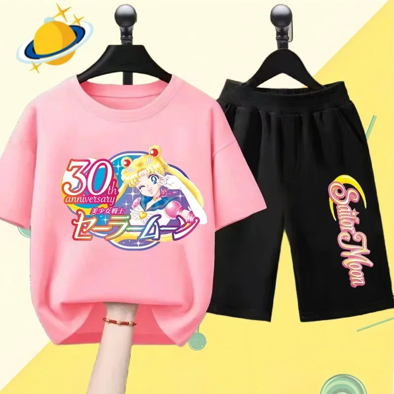 Sailor Moon Kids T-shirt Set Cartoon anime Harajuku Cute Girl Short sleeve shorts Manga casual shirt Baby Kawaii top shirt Y2Y