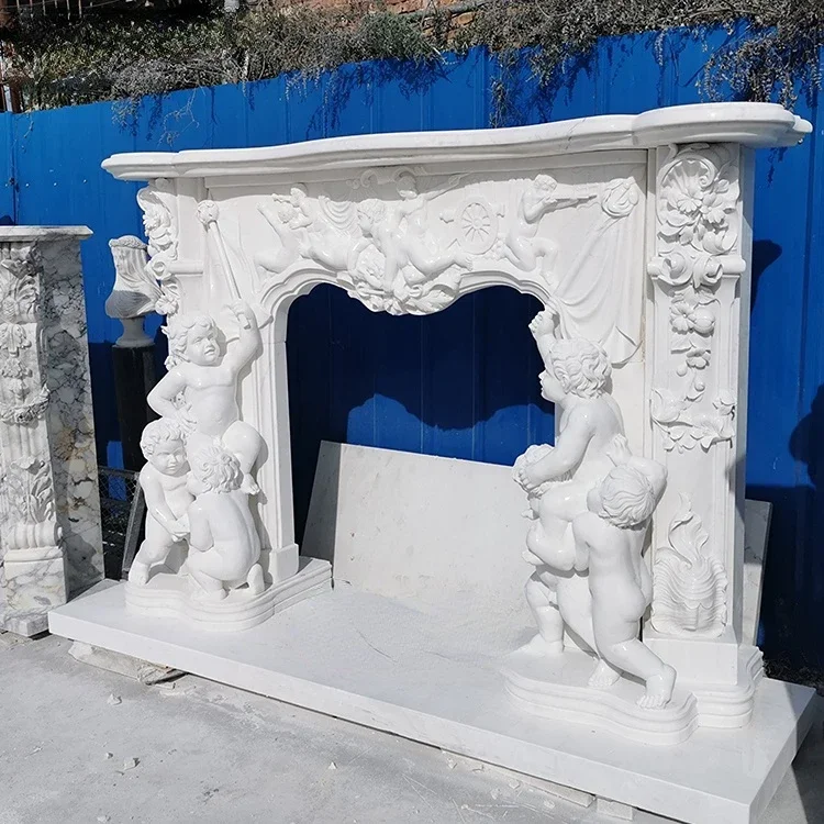 Decorative Natural Stone Baby Angle Statue White Marble Frame Surround Mantles Fireplace From China