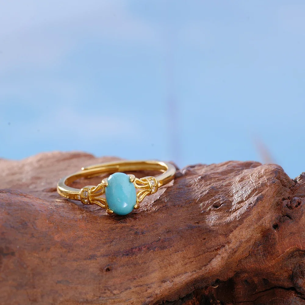 Natural Turquoise Ring 925 Silver K Gold Plated Adjustable Stackable Bands 7x5mm Oval December Birthstone Jewelry Boho Gift