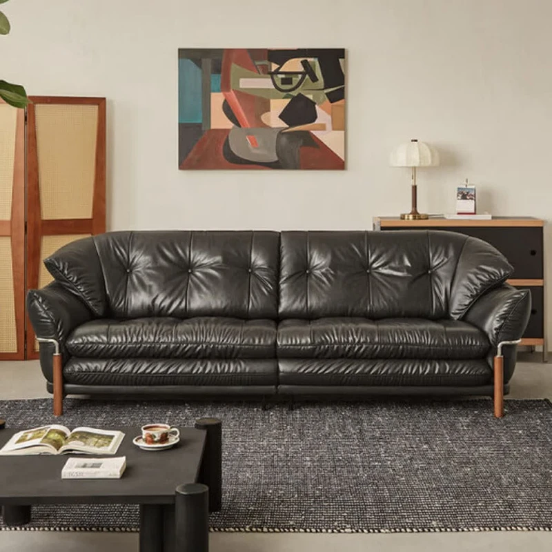 Medieval black leather straight row living room sofa 2.8 meters large four-person