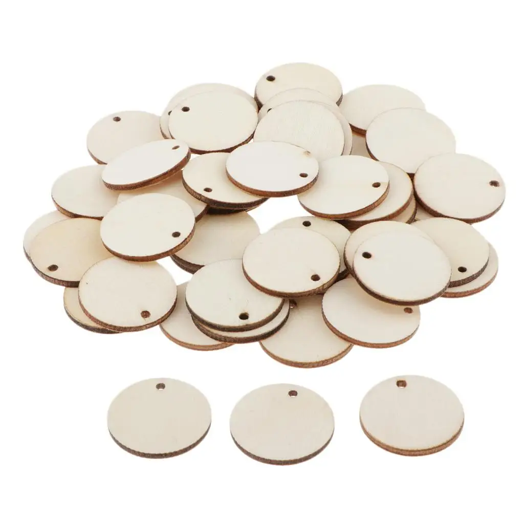 50Pcs Round Circle Pieces Plaques Wood Discs with Hole Embellishments Party