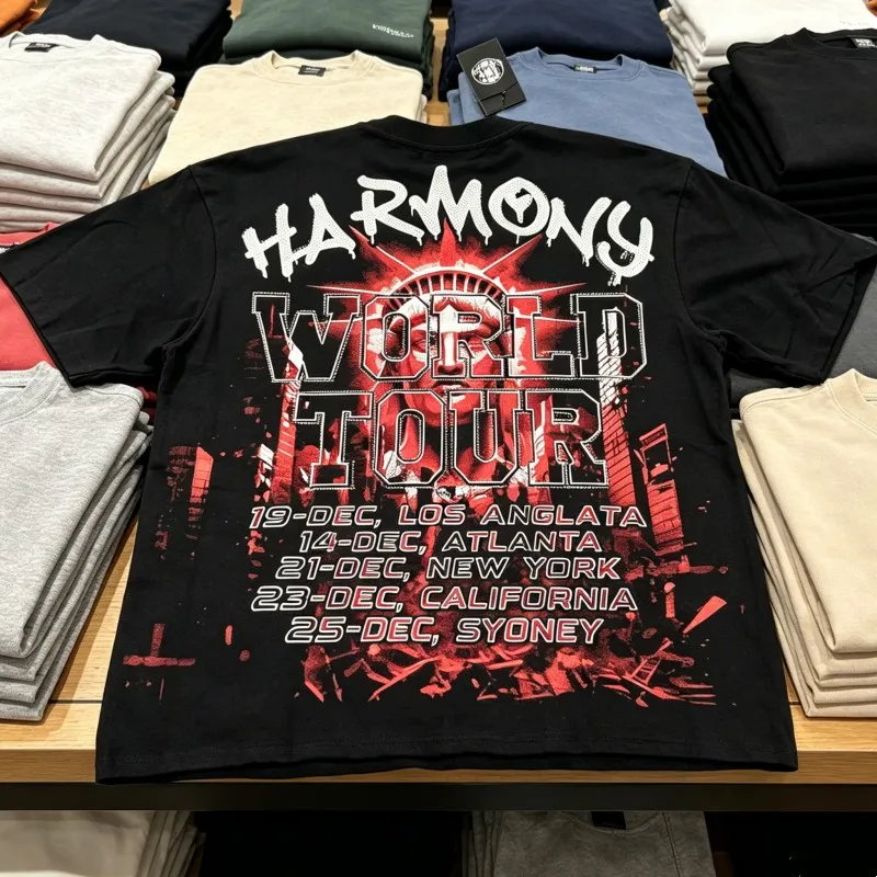 

Double-sided Heavy Industry Rhinestone Letter Graffiti Pattern HARMONY Tshirts Viantge Washed Worn Black Short Sleeve Men Women
