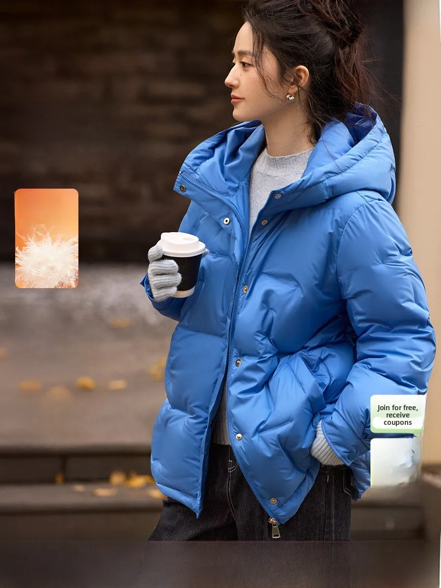

XWI Xinwei 90 White Du down Blue Women's Puffer Jaet Winter Coat Hooded Slim Fit Warmth Not Bulky Commute Sle ort Length