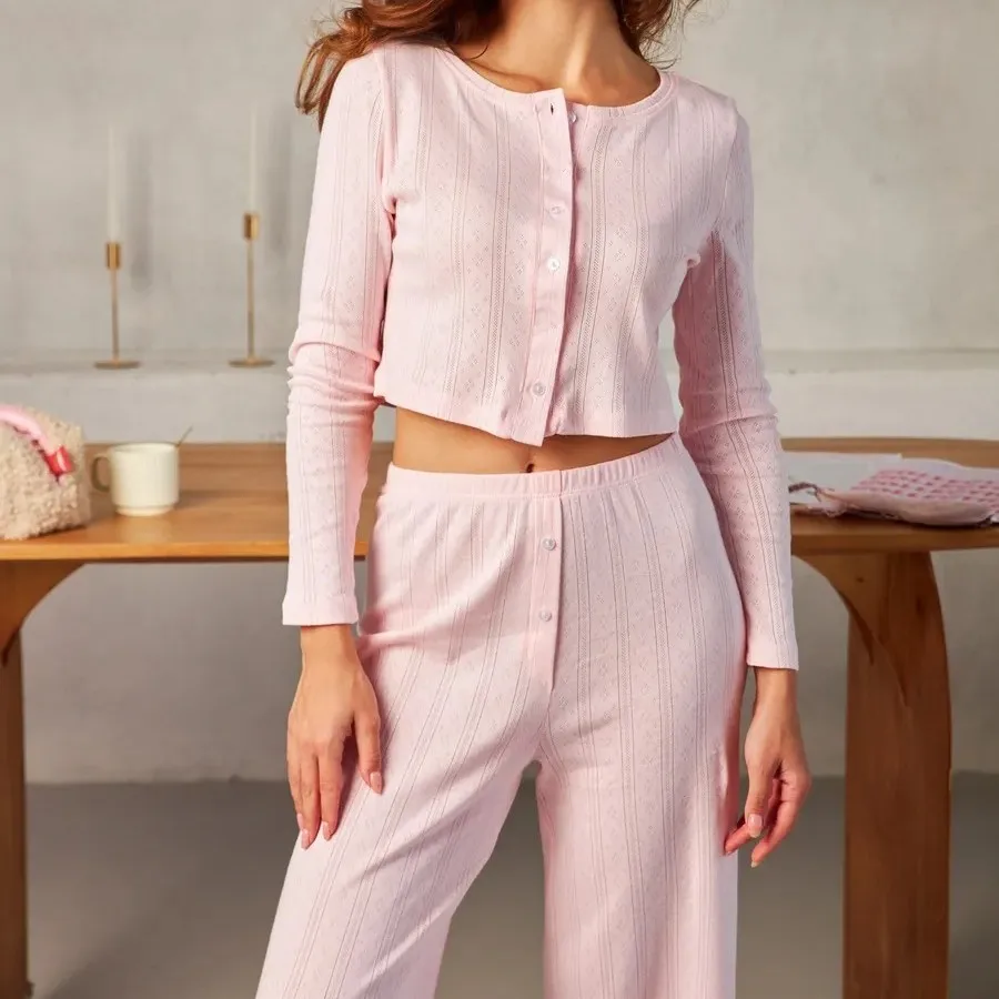 

Women Pajamas Set European and American Fashion Long-sleeved Trousers Loungewear Pajama Set Openwork Jacquard Medium Thick