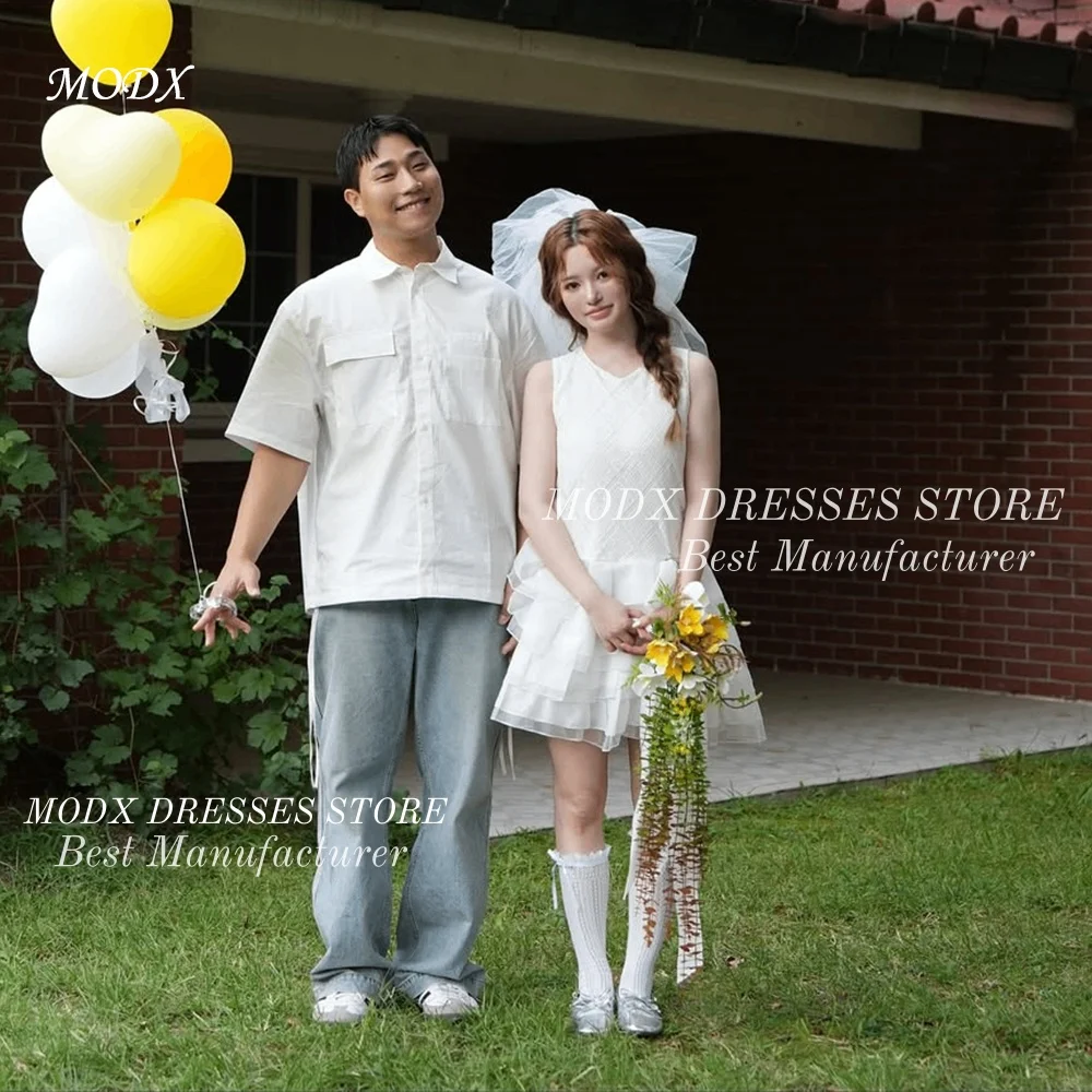 

MODX Simple O-Neck A-Line Korean Mini Wedding Dress Sleeveless Bridal Gown for Photo shoots Customized Vestidos Novias Boda Wome