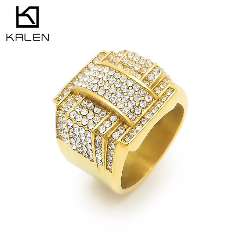 Hip Hop Gold Color Full Zircon Finger Rings For Men Larger Pentagram Ring Stainless Steel Women Charm Party Jewelry Accessory