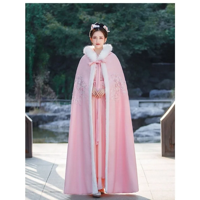 

Накидка и шаль, утолщенная флисовая накидка для тепла, розовая этичная накидка в древнем стиле Hanfu, женская зимняя длинная накидка в древнем стиле
