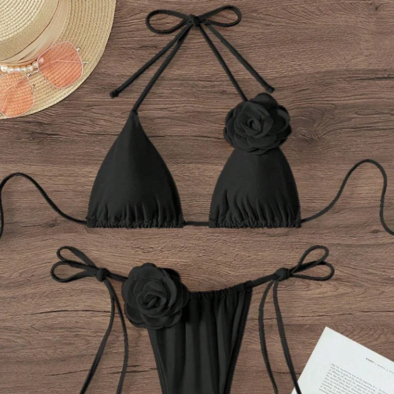 New S - L Sexy 3D Flowers Halter Strappy Bikini Women Swimwear Female Swimsuit Two-pieces Bikini Set Bather Bathing Suit Swim