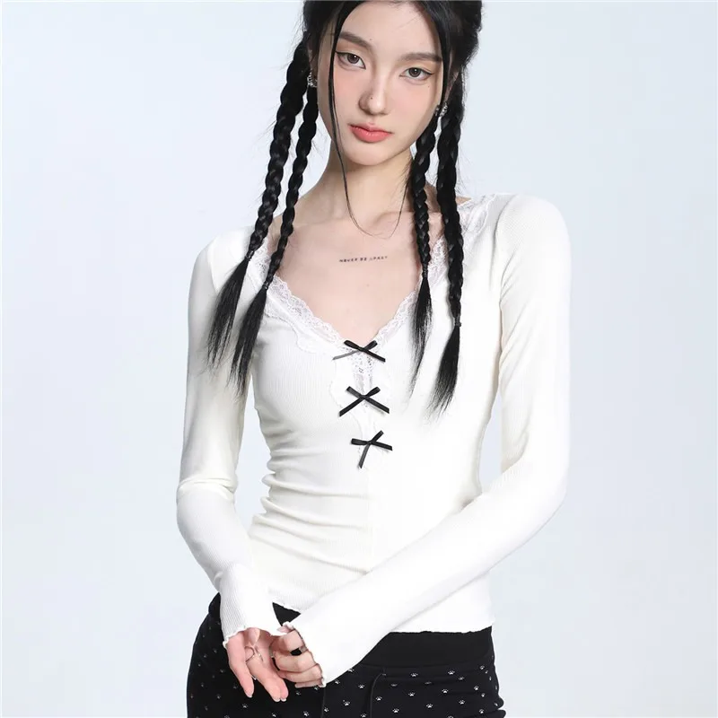 Sweet Bow Lace Edge V-neck Long Sleeved Knitted Sweater for Women Y2k Solid Slim Fit Tops Autumn/winter Primershirt 31258