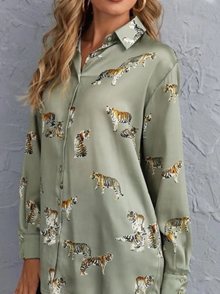 Office Elegant Tiger Print Shirt Blouse Women Casual Button Long Sleeve Shirts For Women 2023 White Slim Long Top Femme