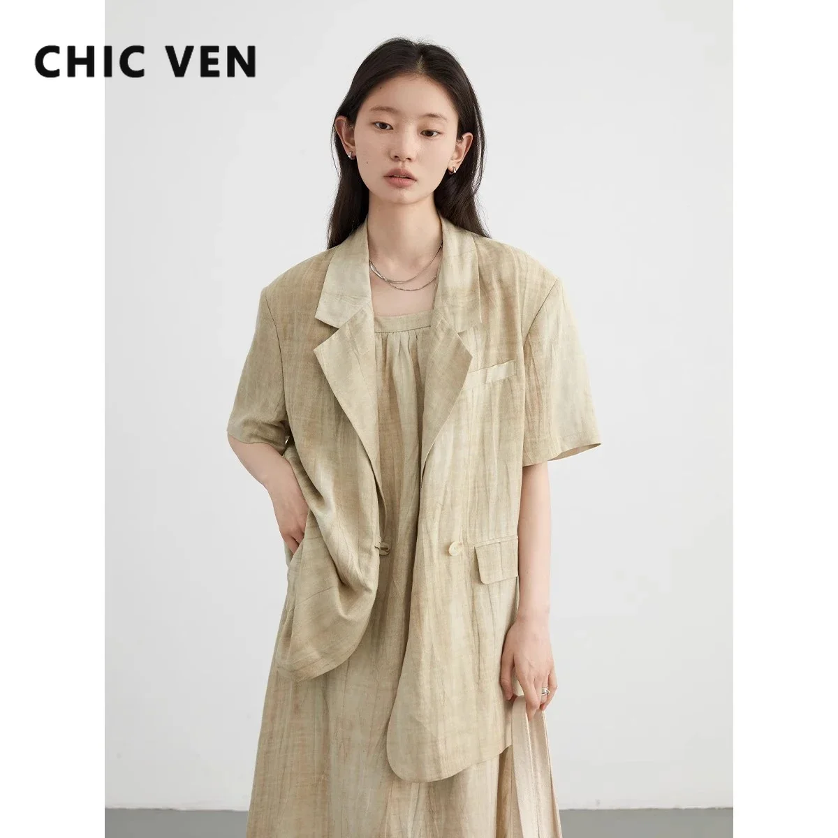 CHIC VEN Women Dress Loose Casual New Chinese Female Oversize Lapel Collar Jacket Suspender Dress Set Summer 2024