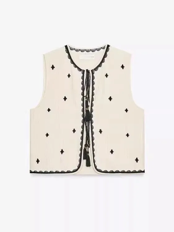 Neue Sommer bestickte runde Ne Svel Weste Damen Faion Suzhou Quaste Weste Stand Fit Pendeln Sle ort A-Linie...