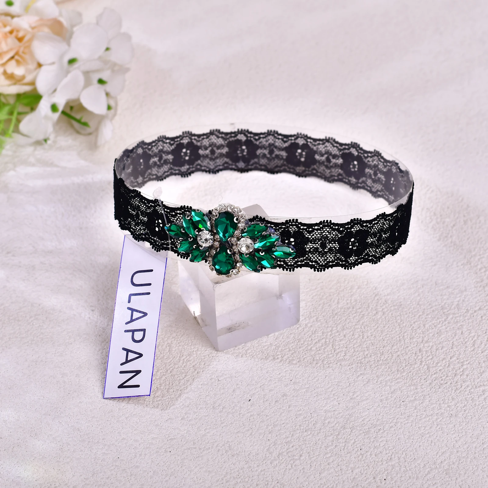 

Сексуальное черное кружевное кольцо на бедро с зелеными стразами, свадебная подвязка, модное украшение на бедро ST61