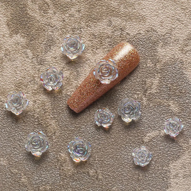 Mix 50PCS 6/8/10MM White Rose Flowers Charms For Wedding Nail Art Decoration 3D Resin Aurora And Glazed Petal Flower Pearl Beads