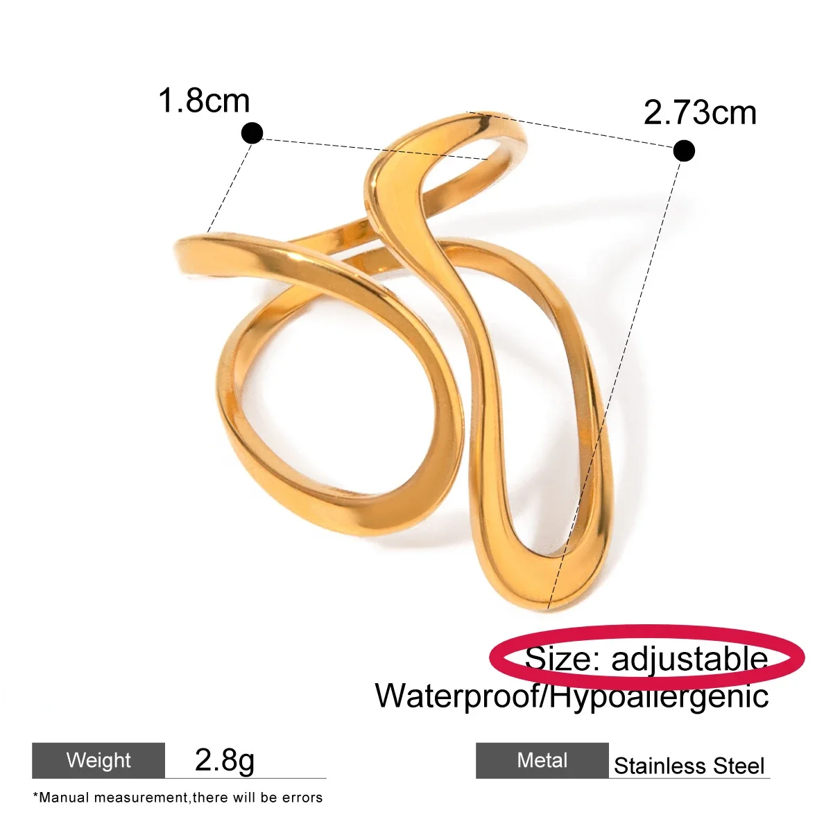 حلقة مفتوحة لامعة من الفولاذ المقاوم للصدأ على شكل خاص ، حلقة هندسية بلون ذهبي بسيط #6