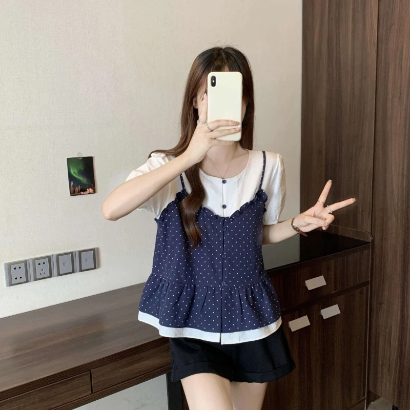 

Short Sleeve Polka Dot Korean Shirt Tops New Summer Contrast Patchwork Two-piece Sweet Blouse Fashion Trend Women Clothing