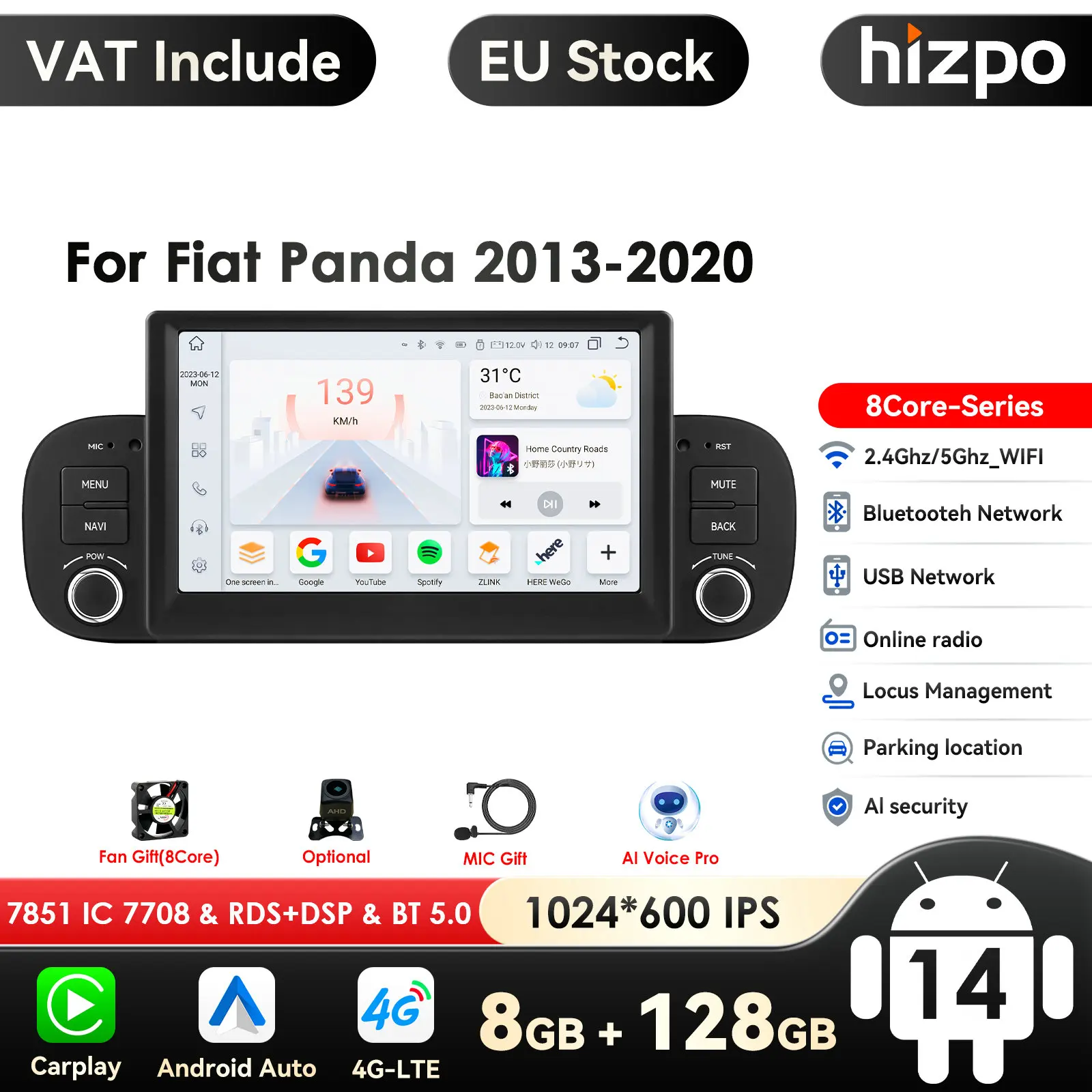 Hizpo Sistemi Intelligenti 2 Din Android 14 Autoradio per Fiat Panda 2013 - 2020 Carplay 4G Lettore Video Multimediale Autoradio GPS