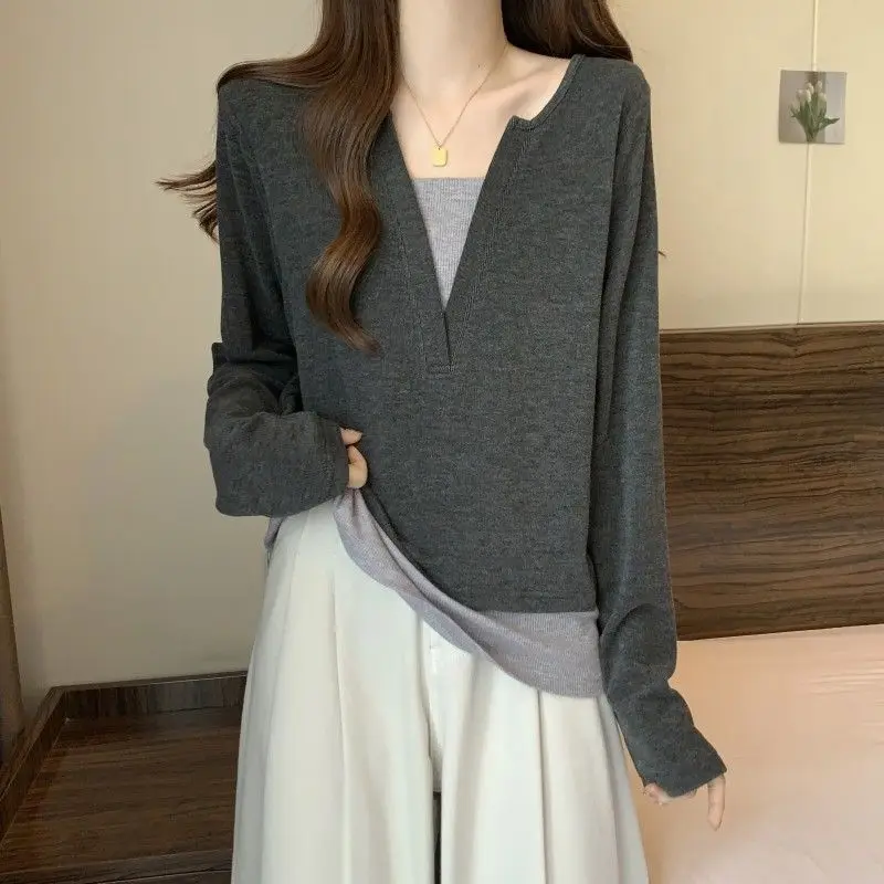 Fake Two Pieces Patchwork Pullovers Female Clothing Casual Long Sleeve Spring Autumn Korean Solid Color All-match V-Neck T-shirt