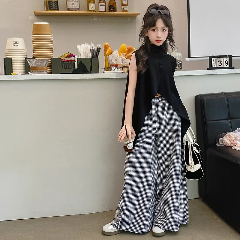 

Летние модные топы нестандартной формы и свободный клетчатый костюм с широкими штанинами для девочек, детская одежда, комплекты без рукавов для девочек-подростков, детская одежда