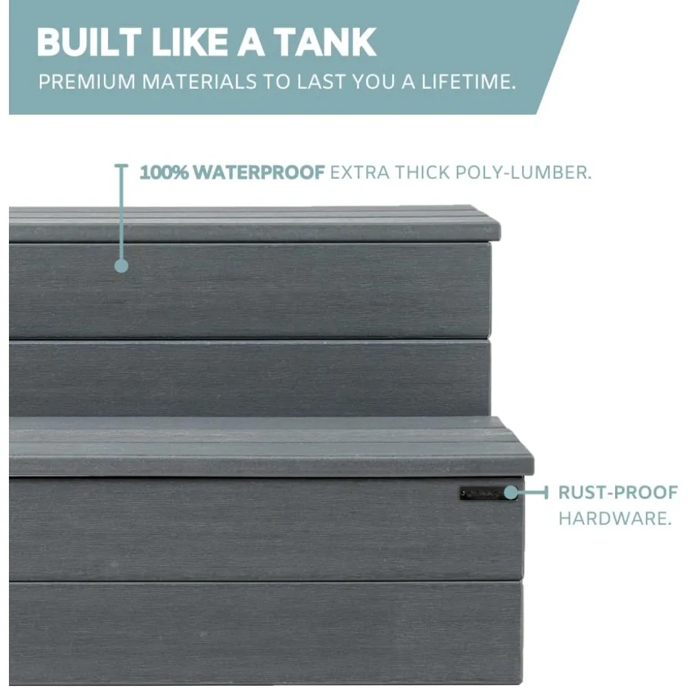 خطوات حوض الاستحمام الساخن - بلاستيك بمظهر خشبي، مقاوم للماء بنسبة 100%، رمادي غير قابل للانزلاق، سلالم سبا خارجية شديدة التحمل - متعددة الاستخدام للشرفة