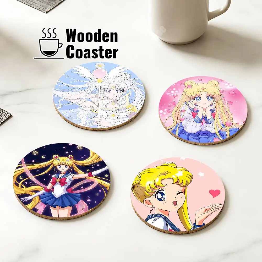 S-Sailor Usagi M-Moon Tsukino Magic Girl Wooden Cup Mat Cappuccino Vodka Juice Water Coaster for Flower Shop