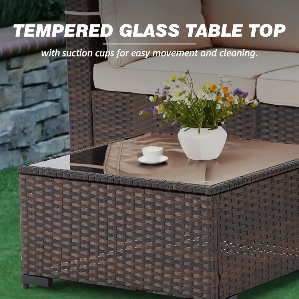 4-Piece Patio Conversation Set, All- Weather Wicker Patio Couch with Tempered Glass Table, Waterproof Cushions with Straps, Out
