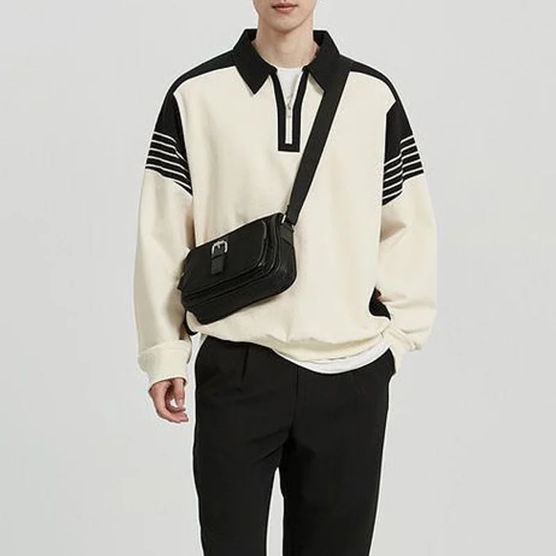 2024 New Spring and Autumn Korean Edition Loose Casual Striped Half Zipper Polo Collar Plus Fat Long Sleeve Sweater for Men