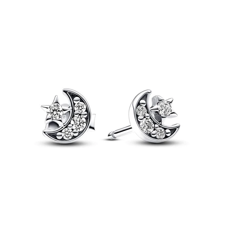 2024 New 925 Silver Earrings Sparkling Moon & Star Stud Earrings DIY Sunflower Earring Women Fine Jewelry DIY