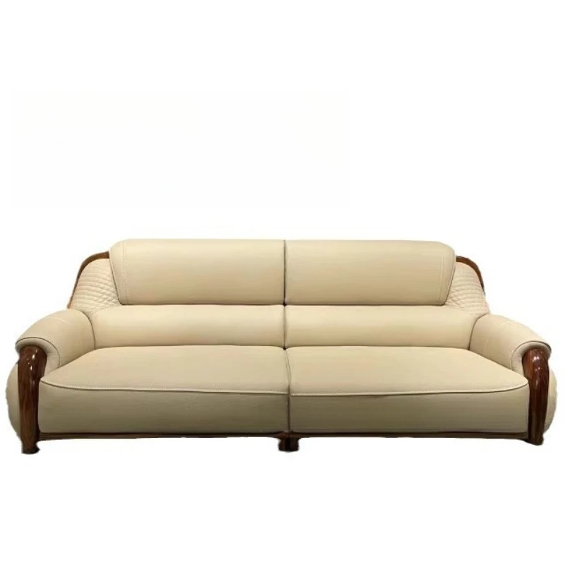 

New Chinese style black gold wood leather sofa with thickened top layer cowhide, modern minimalist, light luxury