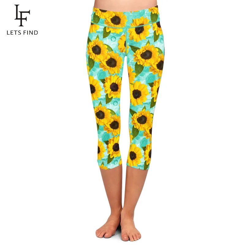 LETSFIND 2021 New 3D Watercolor Sunflower Digital Print Capri Leggings  Women High Waist Elastic Silm Leggings