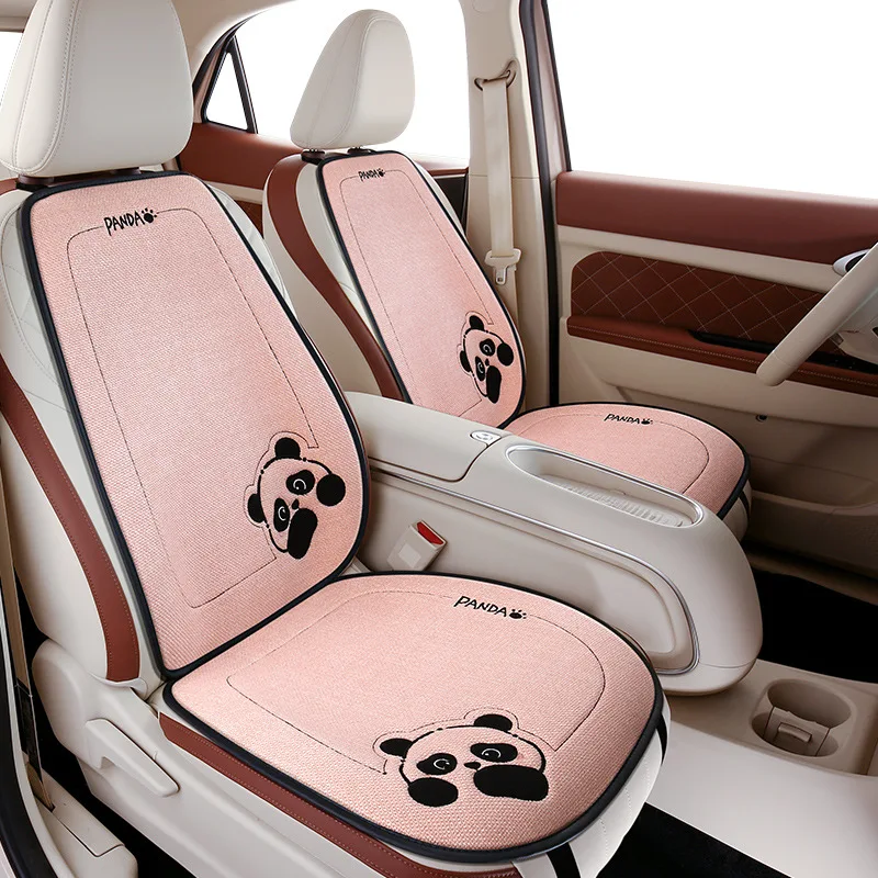 

Cartoon Panda Linen Car Seat Cushion Summer Breathable Cute Women's Car Seat Cover Four Seasons Universal Car Accessories