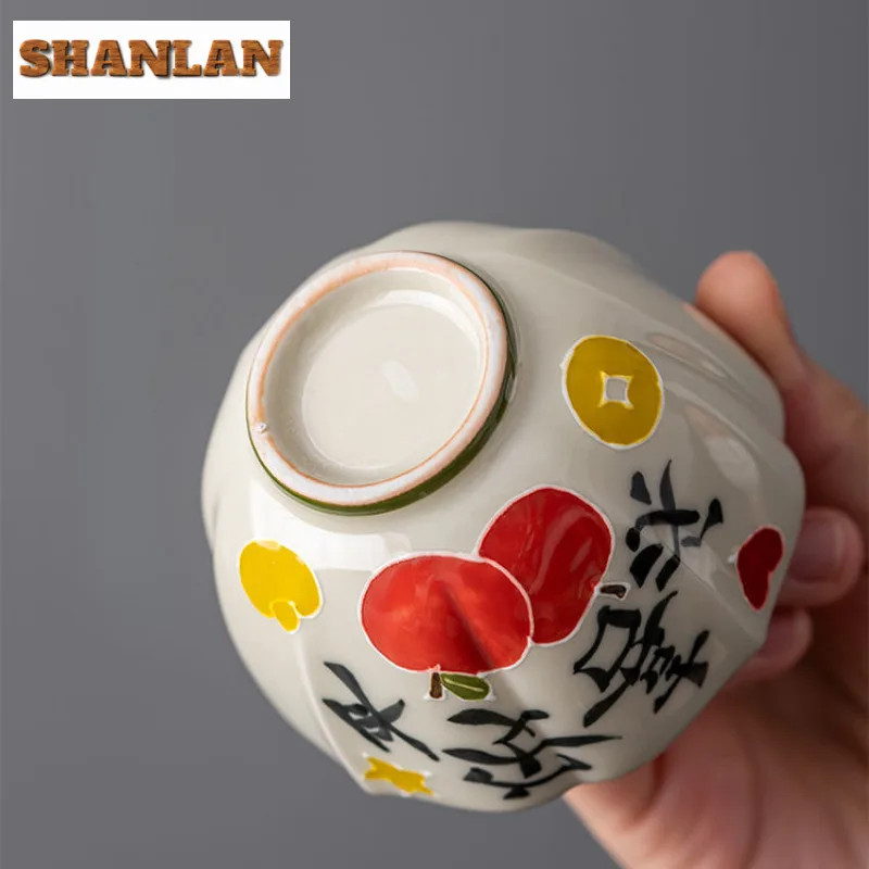 Hand Drawn Peace And Joy Ceramic Teacup Grass Ash Master Cup Tasting Tea Bowl Meditation Cup Personal Mug Kung Fu Tea Set Gifts image 5