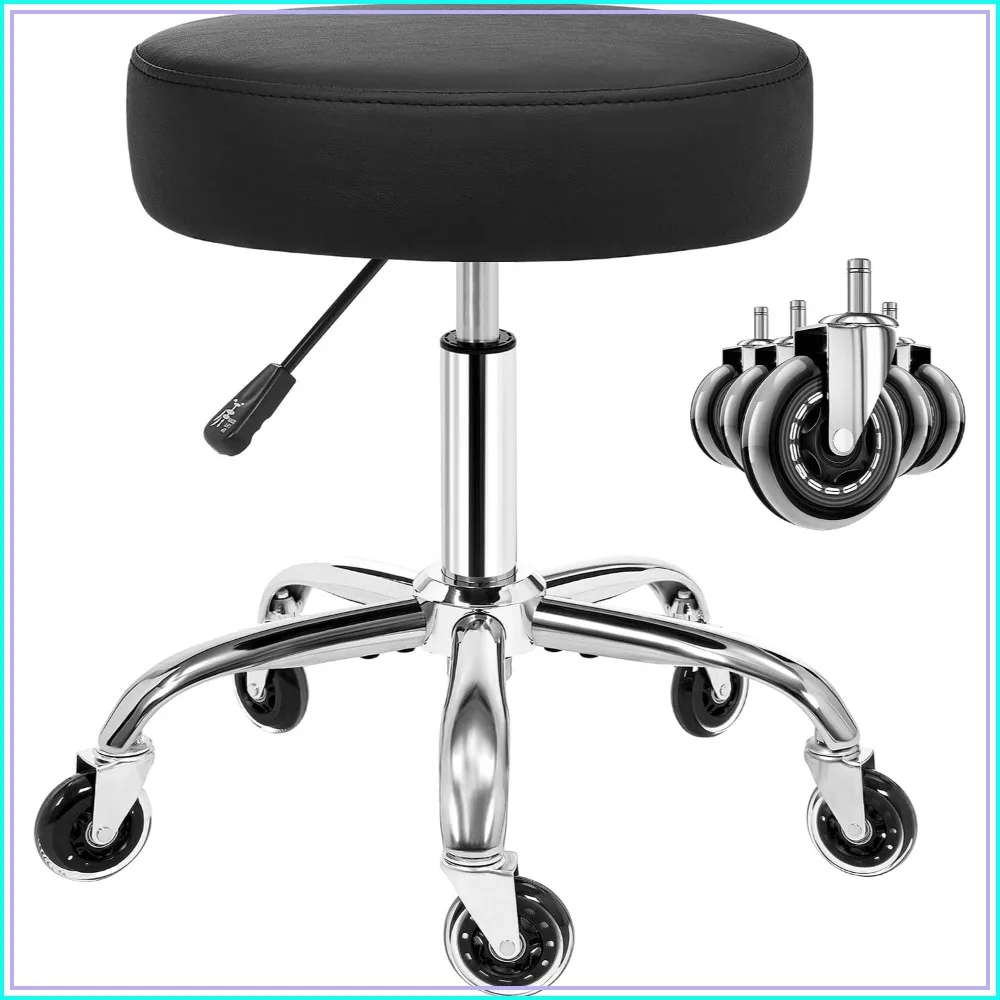 

Round Rolling Stool with Wheels, Height Adjustable 360° Swivel, Heavy Duty PU Leather Seat Cushion for Salon, Office, Tattoo, Home