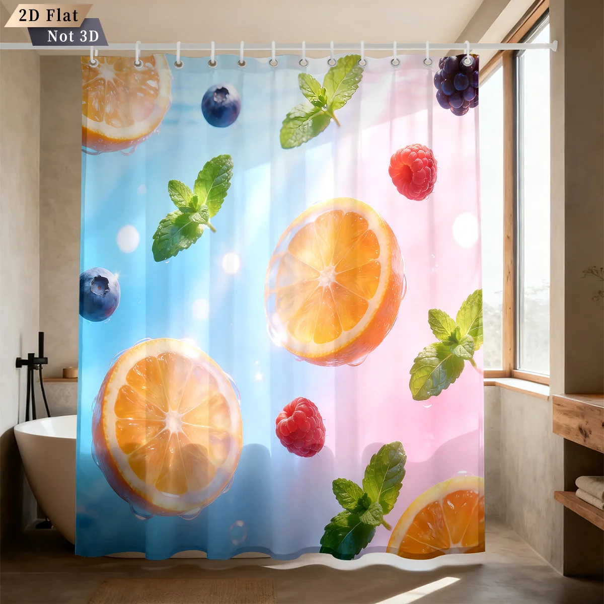 Vibrant Summer Fresh Fruit Shower Curtain Polyester Digital Printing Floating Orange Slices, Juicy Blueberries, Raspberries