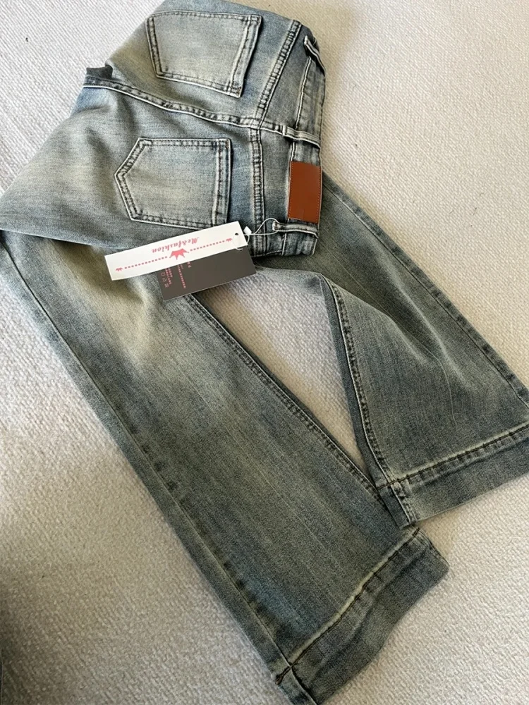 Jeans de Mezclilla de Cintura Alta Elásticos Estilo Retro Americano, Micro Acampanados, para Mujer, Otoño, Nuevo, Talla and...