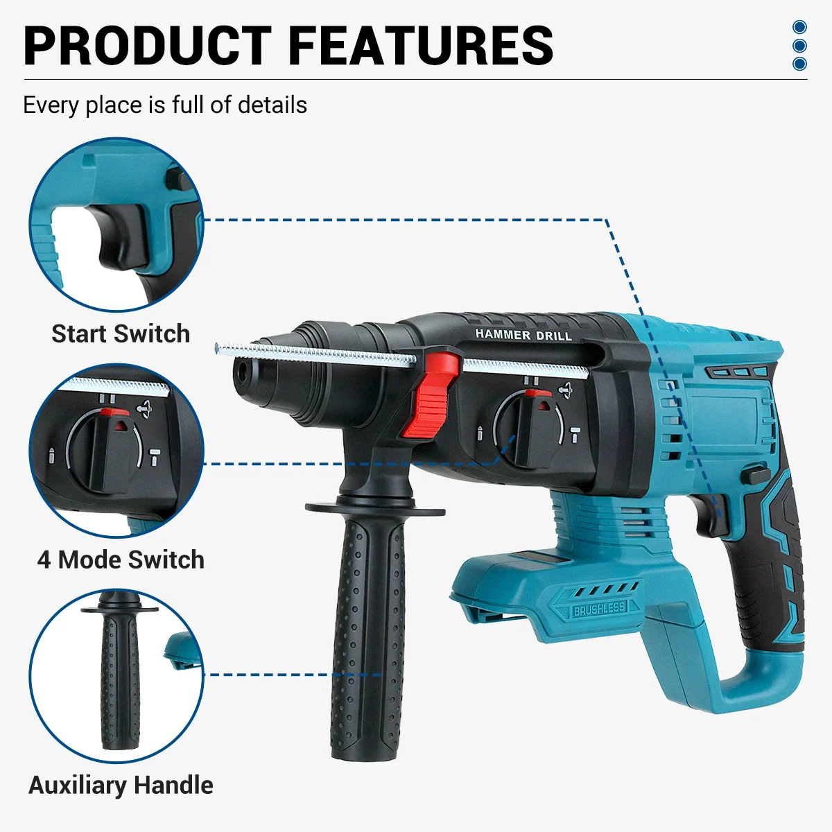 Drillpro SDS مثقاب طرق كهربائي بدون فرشاة 2.2J قوة التأثير 6500 دورة في الدقيقة 26 مللي متر مطرقة دورانية لاسلكية لبطارية ماكيتا 18 فولت