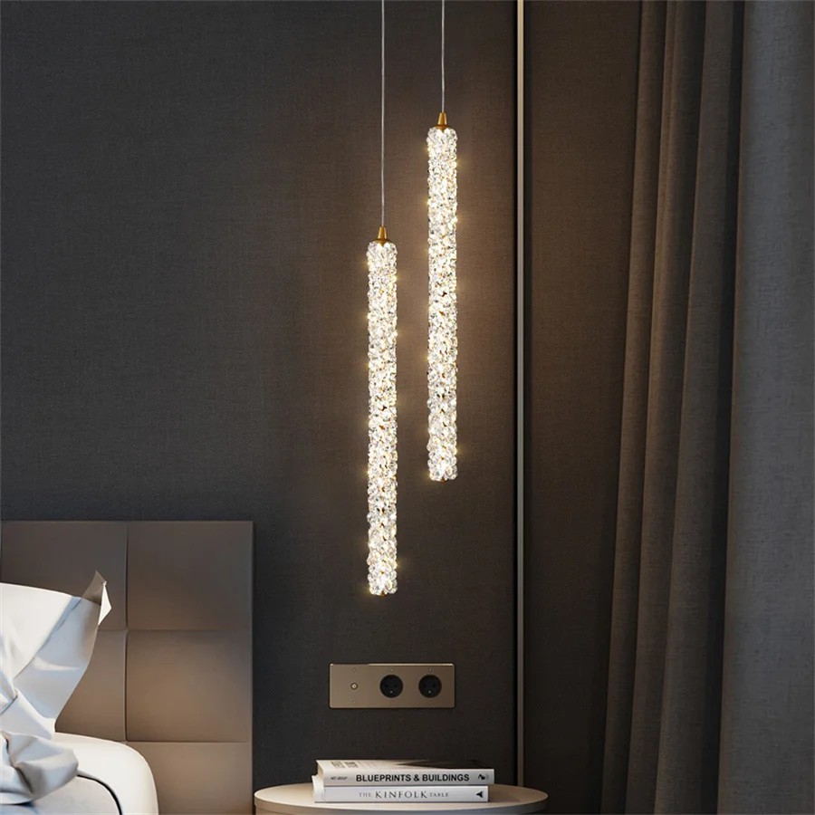 Modern Fragment Crystal Bedside Chandelier Creative Long Tube Crystal LED Pendant Lamps Restaurant Cafe Bar Hanging Light