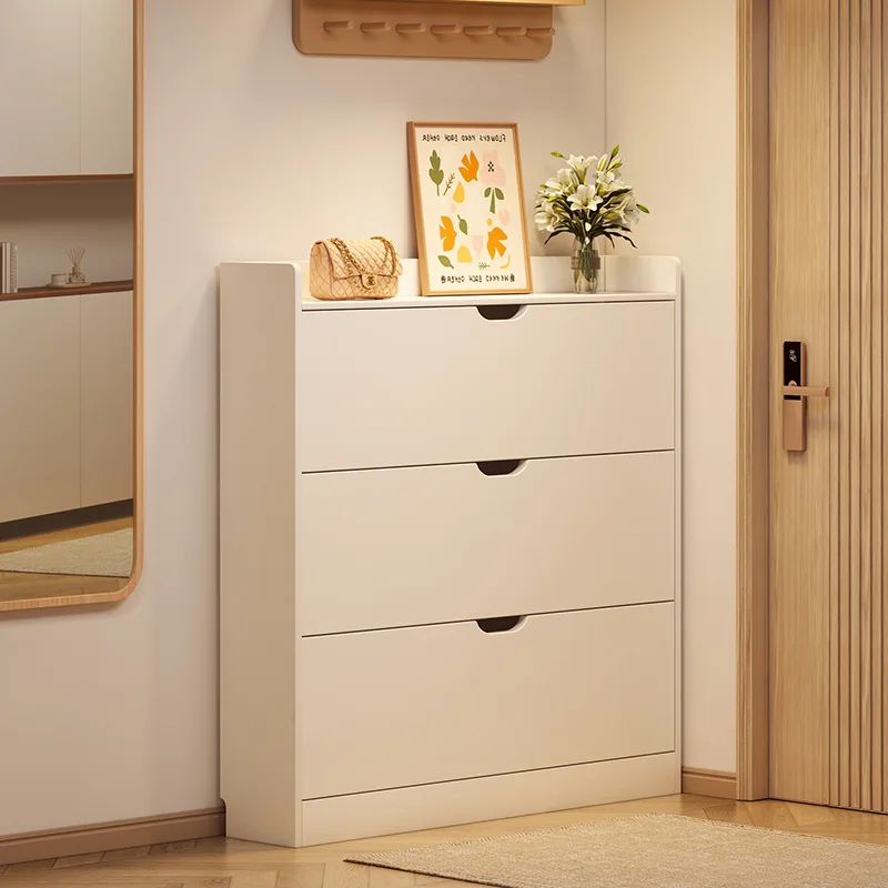 Solid Wood Ultra-thin Flip Bucket Shoe Cabinet for Household Doorstep Storage, Integrated Wall Mounted Indoor Narrow Shoe Rack