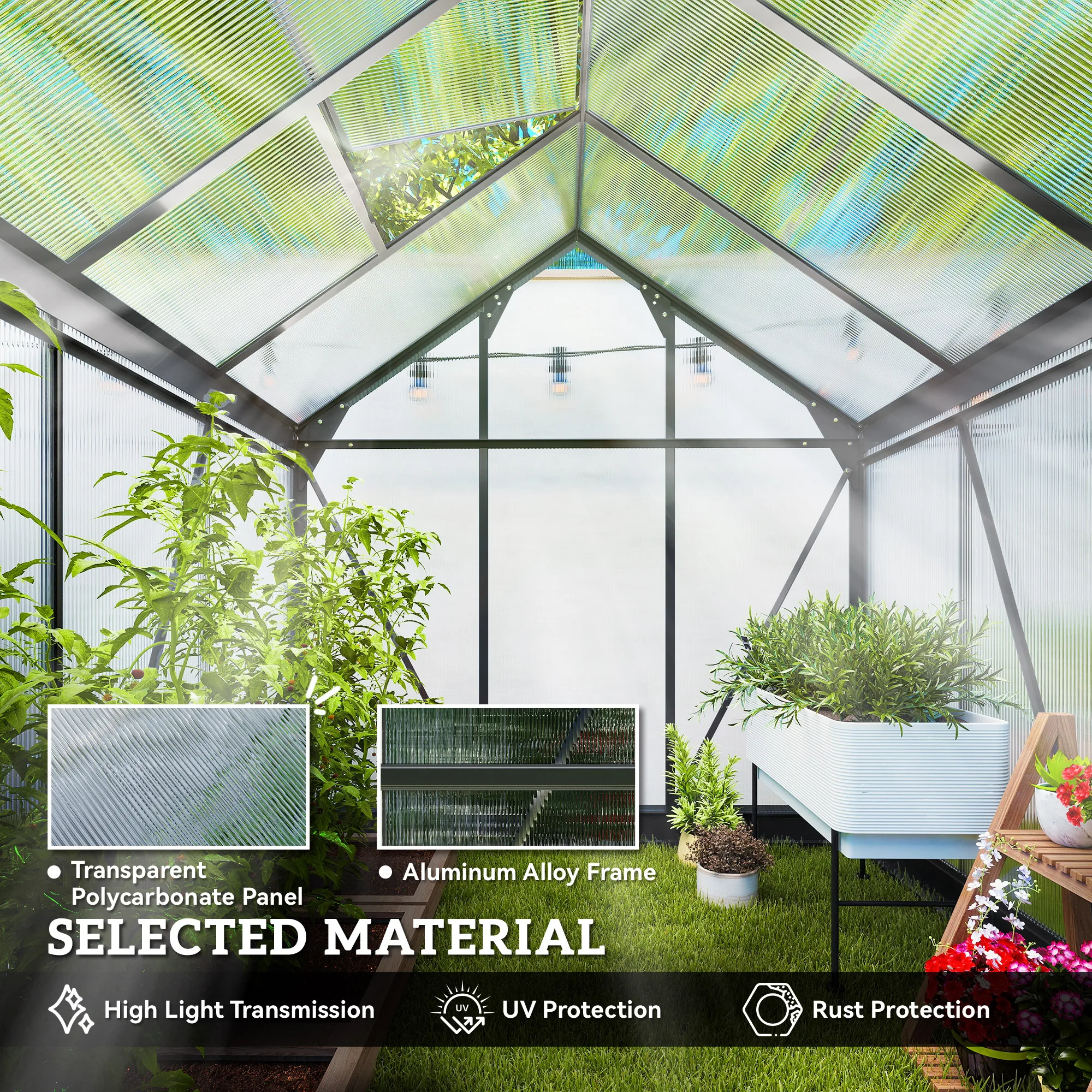 Outsunny 6 x 6ft Polycarbonate Greenhouse, Large Walk-In Green House with Slide Door and Window, Grey