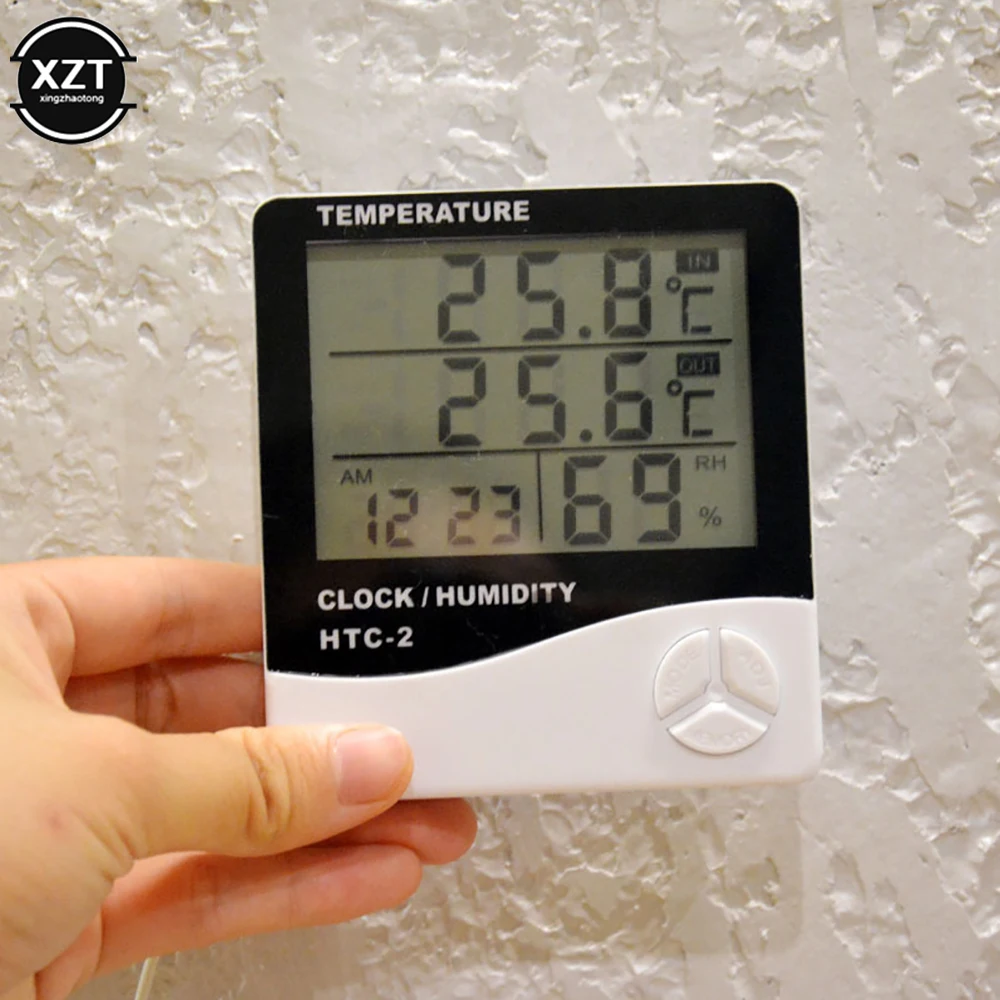 New LCD Electronic Digital Temperature Humidity Meter Indoor Outdoor Thermometer Hygrometer Weather Station Clock HTC-2