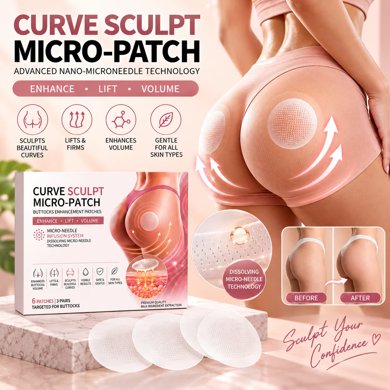 Curve Sculpt Micro-Patch Buttocks Enhancement Patches 3Pair/Box Deep Hydration Lift Firm Sculpt Body Shaping for Women Daily Use