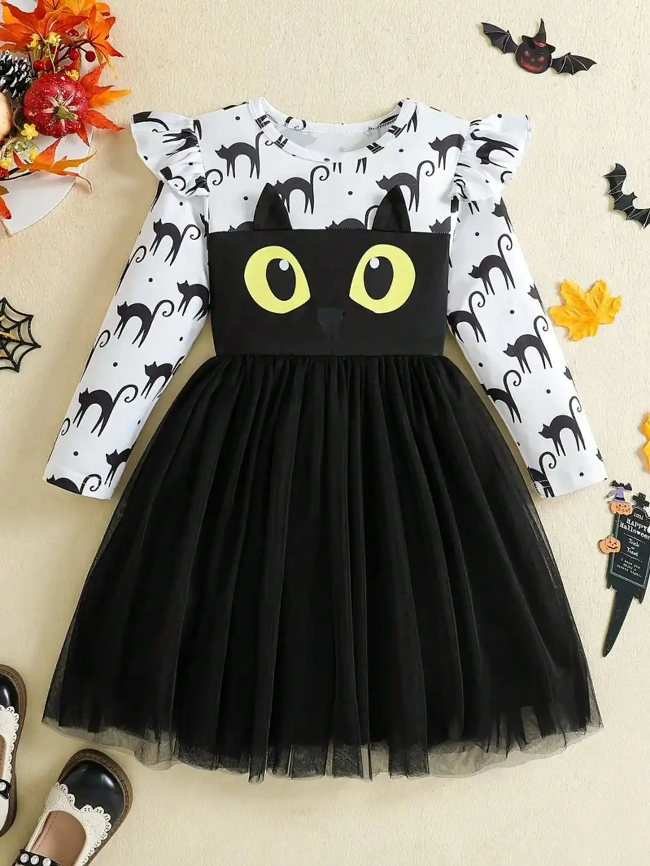 Kinderkleid mit Katzenmuster, Rüschenkragen, langen Ärmeln, Rundhalsausschnitt, Rautenmuster, Netzstoff, mittellanger Rock für Kinder – Detail 3