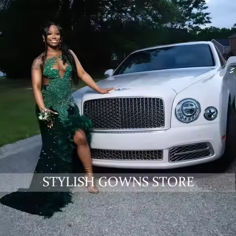 Customized Nigerian Emarld Green Traditional Prom Dress High Slit Beading Evening Dress African Aso Ebi Party Gown