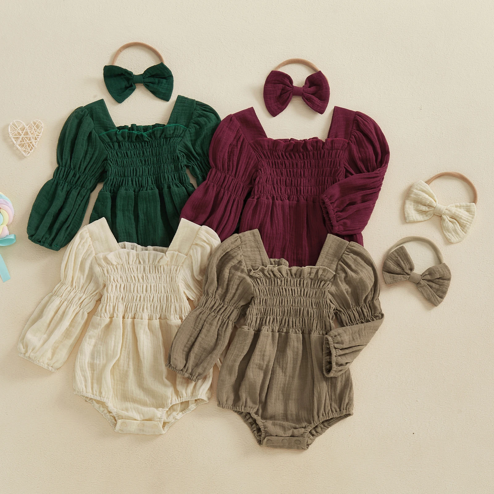 Baby Girls Long Sleeve Romper Square Neck Solid Color Bodysuits with Headband Sets Spring Fall Clothes Toddler