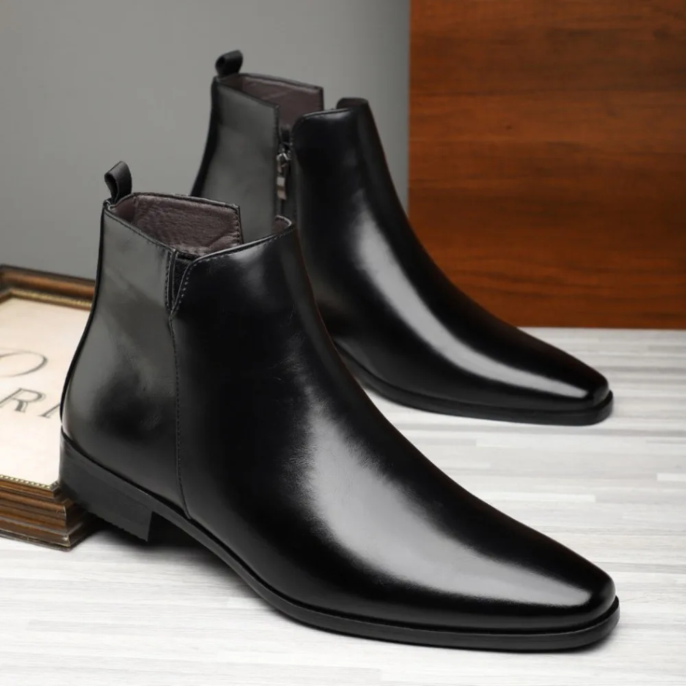 Men's Short Boots Autumn and Winter New Zipper Chelsea Boots Pointed High-top Leather Boot Men British Mid Top Leather Shoes