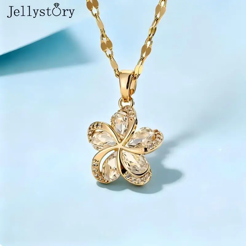 Colar Elegante Jellystory com Flor Verde, Corrente de Clavícula Sofisticada e Exclusiva, Pingente Requintado, Joia de Moda de Luxo Leve