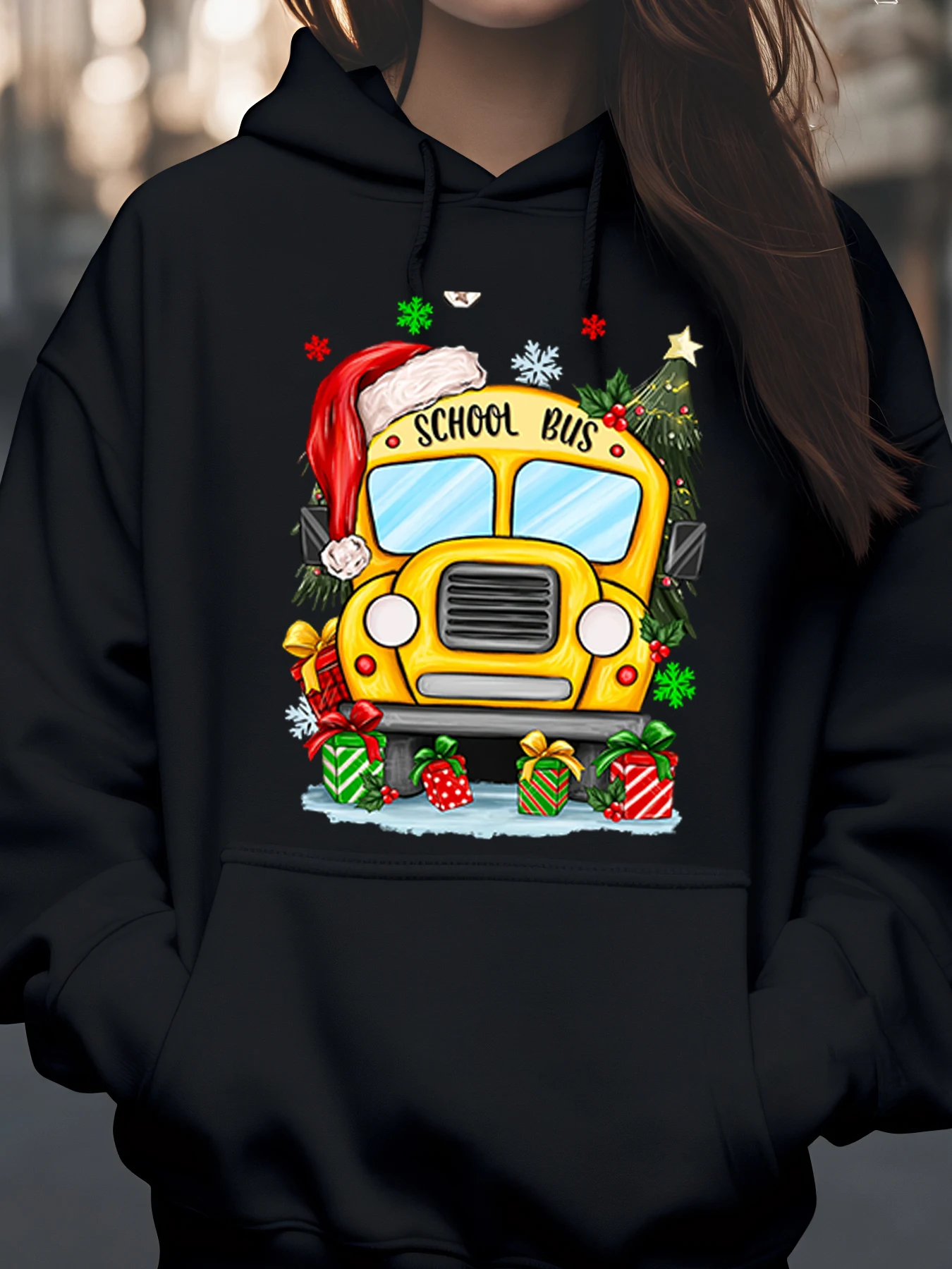 

Christmas School Bus Print Hoodie Holiday Gift Wear for Women and Men