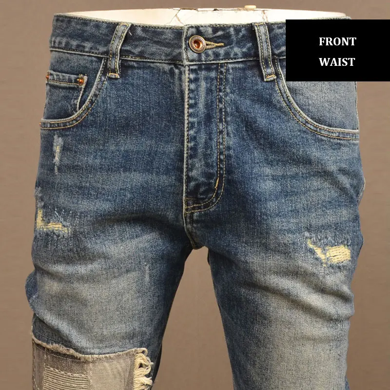 Italian fashion new men's jeans patch washed nostalgic stretch slim fit light blue jeans designer retro patchwork pants hombre - Image 4